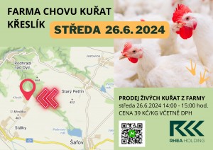 Informace o prodeji brojlerových kuřat na farmě Křeslík dne 26.6.2024